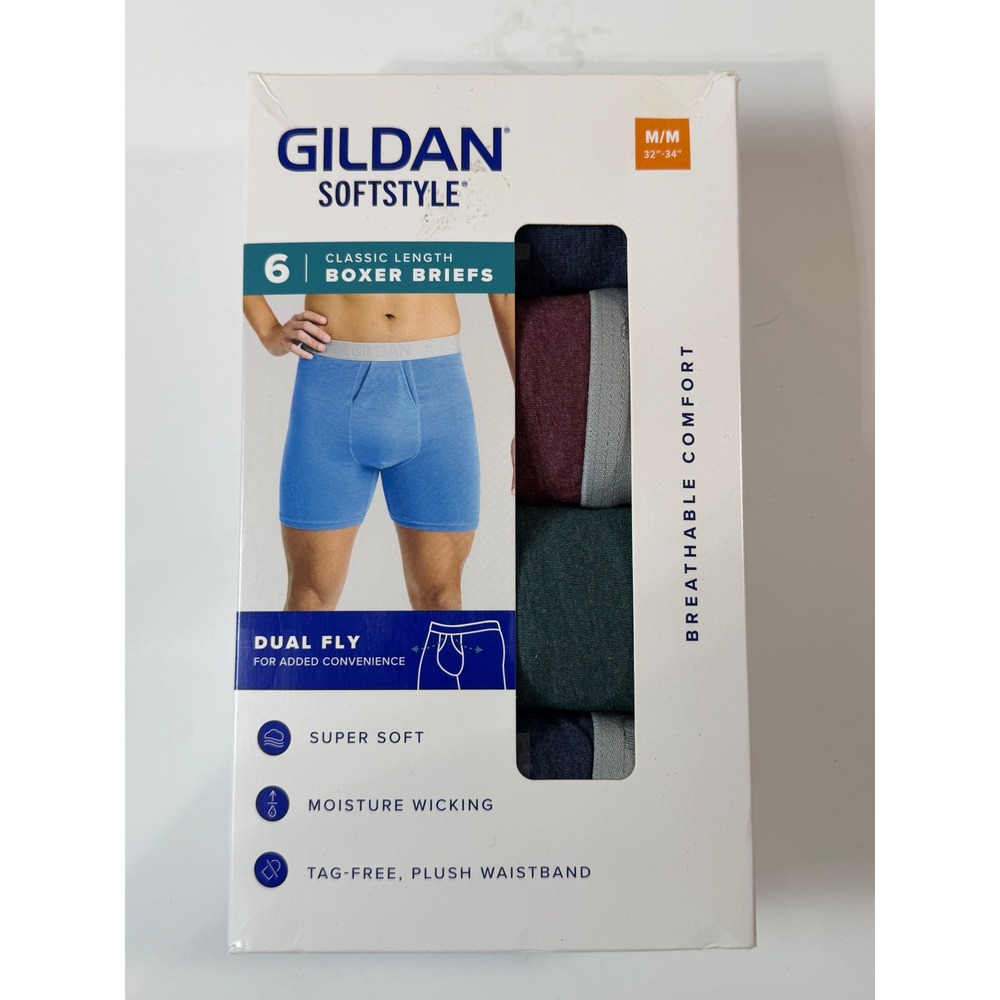 Gildan Boxer Briefs Men Size M Multicolor New 6 Pack Softstyle Moisture Wicking
